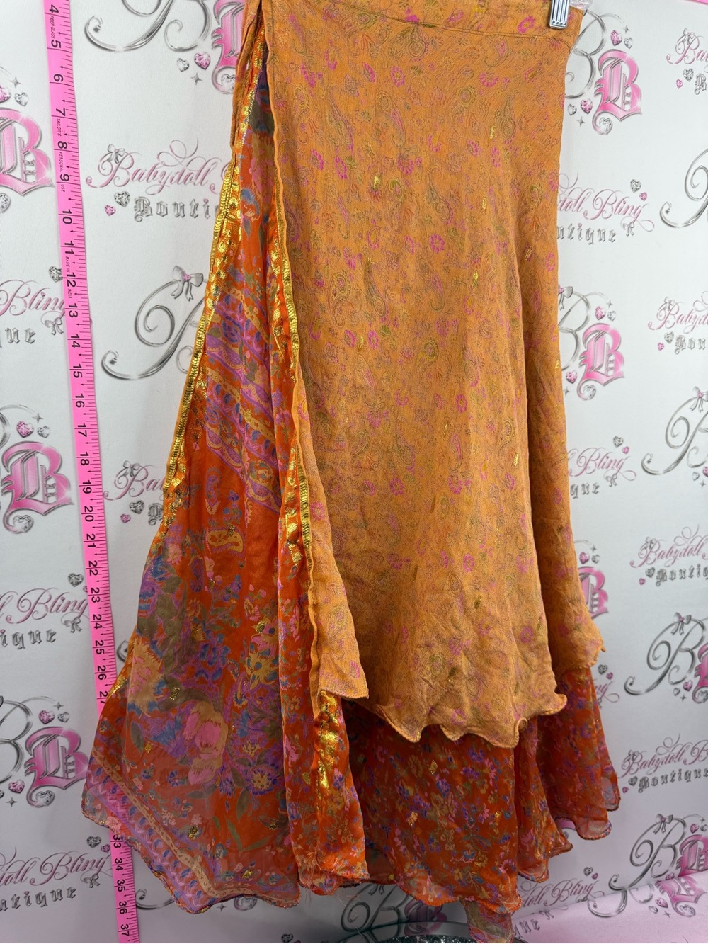 Silk skirt tie up paisley shiny goldBohemian Orange Floral Wrap Skirt - Picture 2 of 14